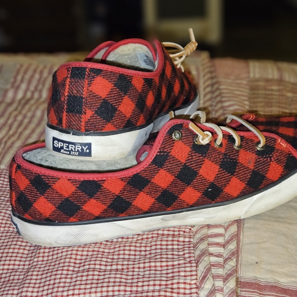 Sperry Red and Black Plaid Sneakers - Picture 1 of 9